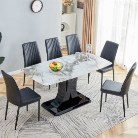 Faux Marble Dining Table Set with Convertible Base, Luxury Rectangular Kitchen Table for 6-8, Modern White Faux Marble Tabletop with MDF Base