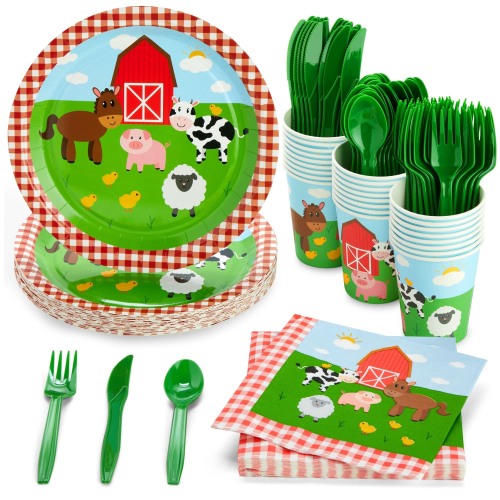 144-Piece Barnyard Birthday Party Supplies Set, Farm Animal Party Decorations With Paper Plates, Dinner Napkins, 9 oz Cups 144-Piece Barnyard Birthday Party Supplies Set, Farm Animal Party Decorations With Paper Plates, Dinner Napkins, 9 oz Cups