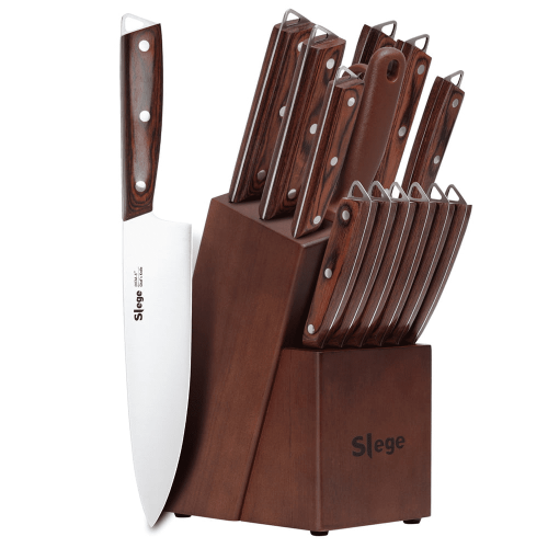 Emojoy Knives Set for Kitchen with Block and Sharpener, 15 Pcs Professional Stainless Steel Multicolor Knife Wooden Block Set Emojoy Knives Set for Kitchen with Block and Sharpener, 15 Pcs Professional Stainless Steel Multicolor Knife Wooden Block Set