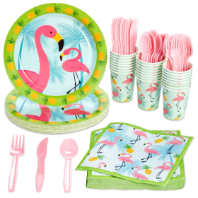144-Piece Pink Flamingo Birthday Party Supplies, Paper Plates, Napkins, Cups, Cutlery for Summer Hawaiian Themed Party